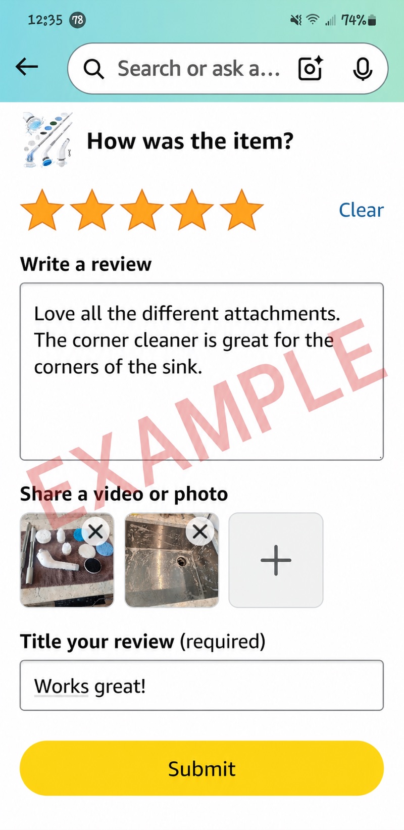 Large example Amazon review form with a rating, review text, photos, a title, and the Submit button.